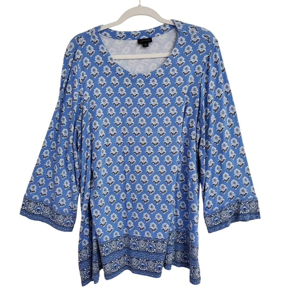 J Jill Wearever Collection Blue Floral Tunic Top Petite XL Stretch Bohemian